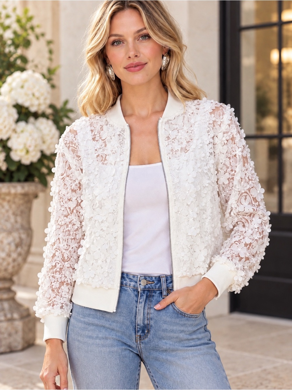 Avec Les Filles White Lace Floral Applique 3D Bomber Jacket Size XS NWT